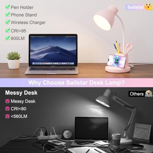 10W Wireless Charging LED Desk Lamp with Pen Holder, CRI 95, Pink
