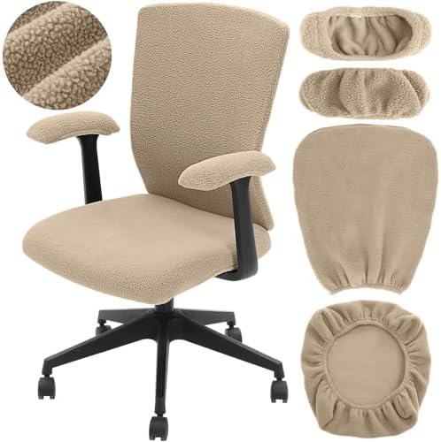 Tallew 4 Pcs Office Chair Covers Pads Set, Square High Back, Khaki, Sherpa