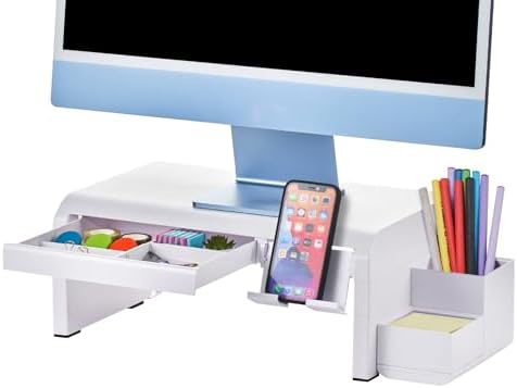 Bostitch Konnect Adjustable Monitor Riser with Drawer, Cell Phone Stand & Pencil Holder, Laptop Stand for Desk, 4 Height Levels, Cable Management & Rubber Feet