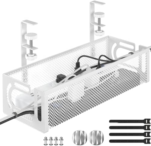 Under Desk Cable Management Tray, 15.7'' No Drill Steel Desk Cable Organizers, Wire Management Tray Cable Management Rack (1 Pack-White)