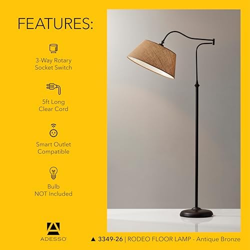 Adesso Floor Lamp, Antique Bronze & Khaki Burlap, 3-Way, 60.25”