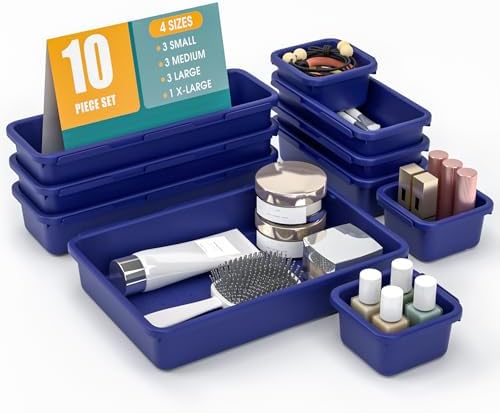 StoreHappily 10 PCS Drawer Organizer Set, 4 Size Makeup Drawer Divider Organizer With Non-Slip Pads, Interlocking Plastic Storage Bins for Office,Jewelry Vanity,Gadgets, Bathroom,Kitchen, Navy