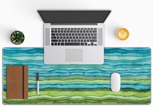 Waves Desk Mat Blue and Green Large Mouse Pad Desk Pad Desk Accessories for Women Men Office Decor, XL Mousepad Long Laptop Keyboard Mouse Mat 31.5''X11.8'' Non-Slip Rubber Base with Stitched Edges