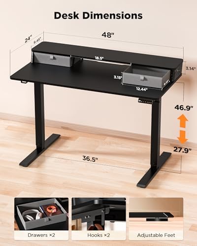 FiCiHi 48x24 Inch Electric Standing Desk, 2 Drawers, Adjustable Height Desk