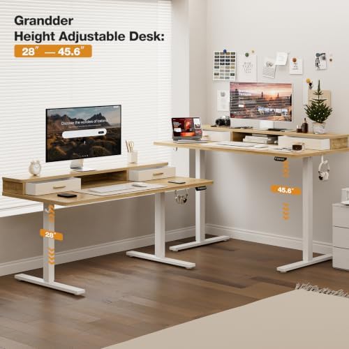Grandder Electric Standing Desk with Two Drawers, Sit to Stand Up Height Adjustable Desk with Storage Shelf for Home Office, 63 * 24 Inch, Study, Ergonomic Adjustable Computer Desk, Oak