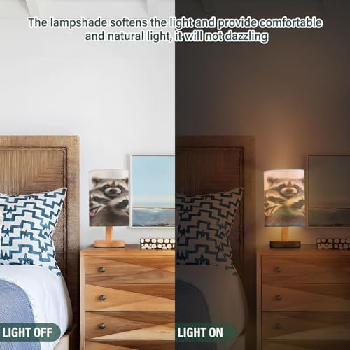 Bedside Lamp Raccoon Family Table Lamp for Bedroom LED Nightstand Lamp Shade USB Ports Wood Base for Living Room Dorm Office