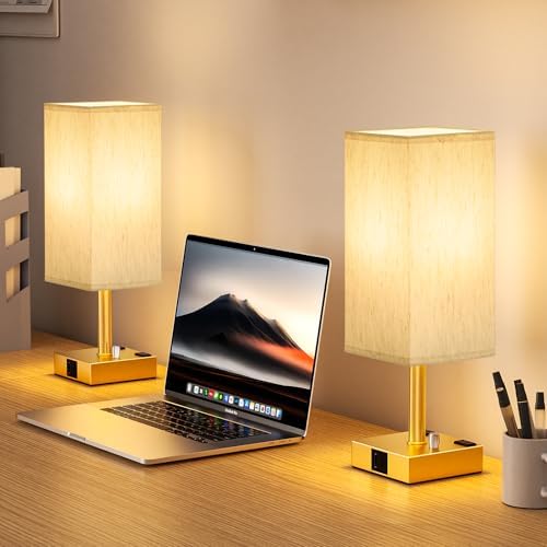 Gold Bedside Table Lamps Set of 2 - Dimmable, USB C+A, 2 AC Outlets