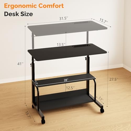 FCH 31.5" Mobile Small Standing Desk, Adjustable Height Mobile Computer Desk, w/2 AC Outlets + 3 USB Ports & Hooks, Storage Shelves, Suitable for Gaming, Studying, Home Office, Black