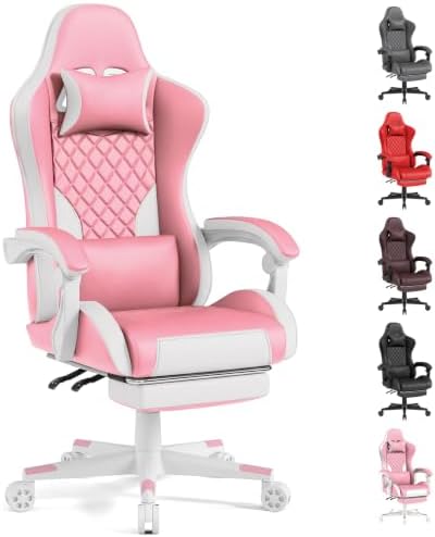 LUCKRACER Gaming Chair with Pocket Spring Cushion and Footrest, PU Leather 90°-155° Reclining Computer Chair, 4.5" Height Adjustment, Ergonomic Office Chair with Lumbar Support, Pink