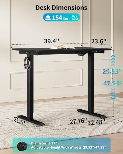 BIZUM 39.4" Small Electric Standing Desk Height Adjustable, Whole Piece Stand Up Computer Desk Work Study Writing Gaming Desks for Home Office Black
