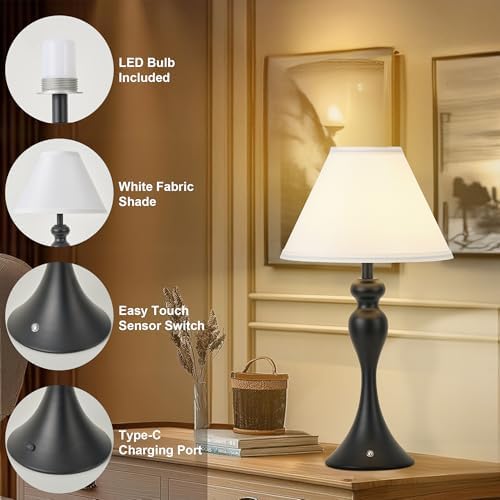 Cordless Table Lamp Rechargeable, Battery Night Light Fabric Shade, Black