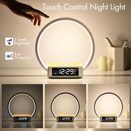 WILIT Bedside Lamp with Alarm Clock, Sunrise Wake-up Light, Wood Grain