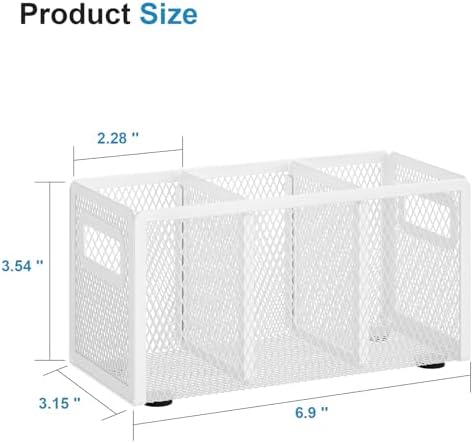 Marbrasse Mesh Pen Holder for Desk, Pencil Holder Desk Organizer 3 Adjustable Compartments, Pencil Cup with Handle Perfect for Classroom, Office, Home, Makeup, Art (White)