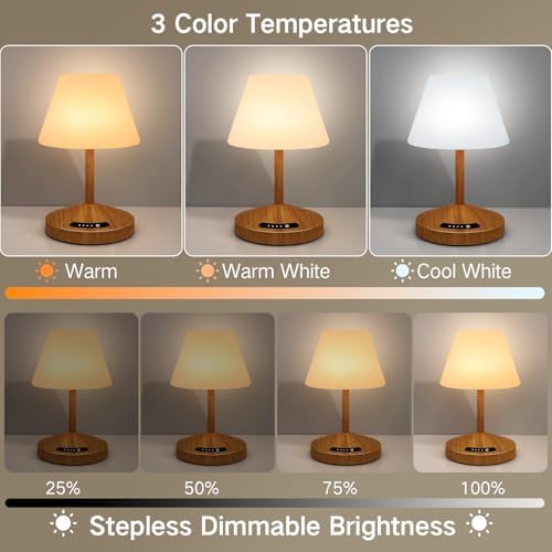 OUTON Rechargeable LED Shower & Table Lamp, Waterproof, USB Output, Stepless Dimming, 3 Colors, Power Indicator, Memory Function, Battery Operated Light for Home, Bathroom, Patio & Outdoor (Wood)