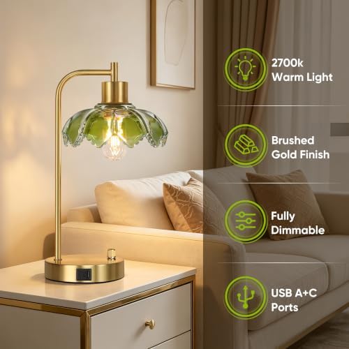 Glass Table Lamps Set of 2, Green Dimmable Bedside Lamps for Living Room