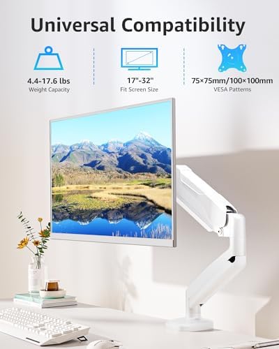 MOUNTUP Single Monitor Desk Mount Holds Screen up to 32 inch, Height Adjustable Monitor Arm, Full Motion Computer Monitors Stand with Clamp/Grommet Base, VESA Mounts Fit 4.4-19.8lbs Computer, White