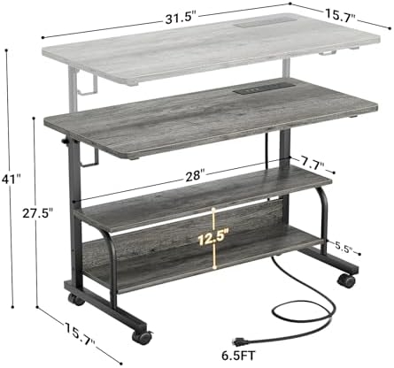 32" Height Adjustable Standing Desk with Power Outlets - Manual Rolling Stand Up Desk with Wheels Small Portable Computer Desk Mobile Laptop Table with Storage Shelves for Home Office, Grey Oak