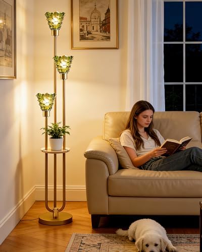 3-Light Modern Glass Floor Lamp with Shelf, Gold Tall Standing Lamp with Green Flower Glass Shade, LED Floor Lamp with Foot Switch& 5Lbs Heavy Base for Living Room Bedroom, Bulb Included