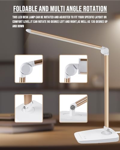 Lichamp Dimmable LED Desk Lamp with USB Charging Port, Touch Control Foldable Gooseneck Free Rotation Adjustable Eye Care Table Lamp, Bedside Reading Light with UL AC Adapter (Pink Gold)
