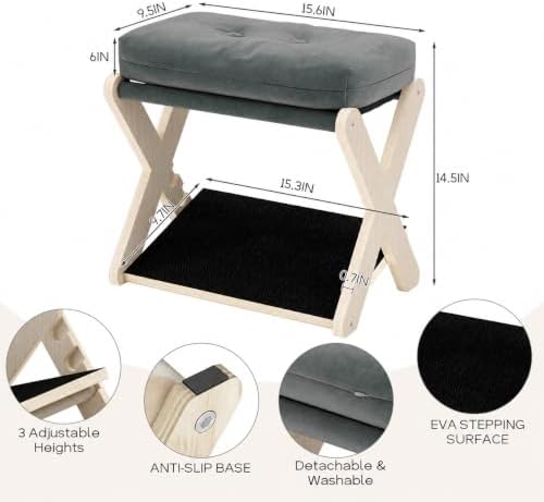 Adjustable Foot Rest Under Desk at Work, 16.6" Wide Wooden Ergonomic Footstool with 3 Height Options, Velvet Cushion, Non-Slip EVA Stepping Surface & Posture Support for Office, Home & Gaming