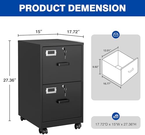 BYNSOE 2 Drawers File Cabinet with Lock Metal Vertical File Cabient with Wheels Mobile File Cabinet for Office Home Legal/Letter/a4 Size Require Assembly