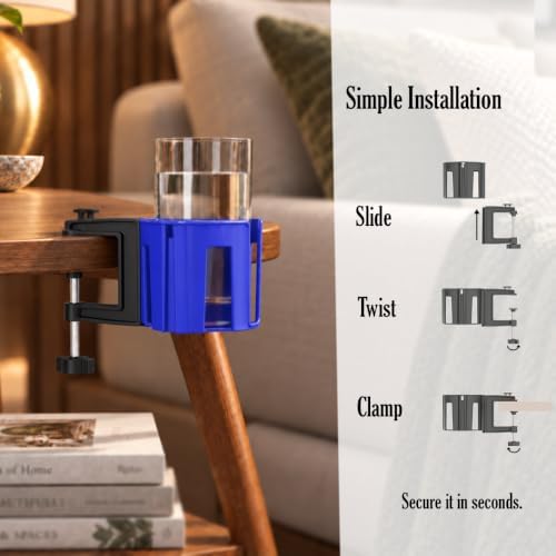 Original Large Desk Cup Holder Clamp, Heavy Duty Plastic Drink Holder Blue