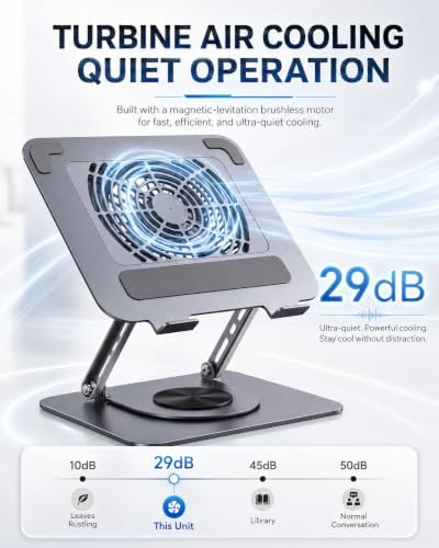 360° Rotating Laptop Cooling Pad with Detachable Magnetic Fan & 4 USB 3.0 Hub, Foldable Ergonomic Computer Riser, Compatible with MacBook Pro, Compatible with Dell, Fits 10-17” Laptops