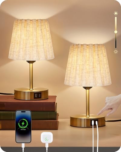 Small Bedside Table Lamps Set of 2, Touch Dimmable Table Lamps with USB Ports, Nightstand Lamps with 2 Stepless Dimming LED Bulbs, E26 Base, for Bedroom, Study, Gold and Beige DE16TLP205