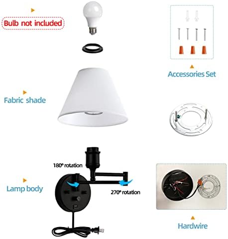 Swing Arm Wall Sconces, Plug-in Wall lamp,Bedroom Wall lamp ， White Fabric Shade，，with dimmable Switch and USB Charging Port, Suitable for Bedside, Living Room, Reading (Black)