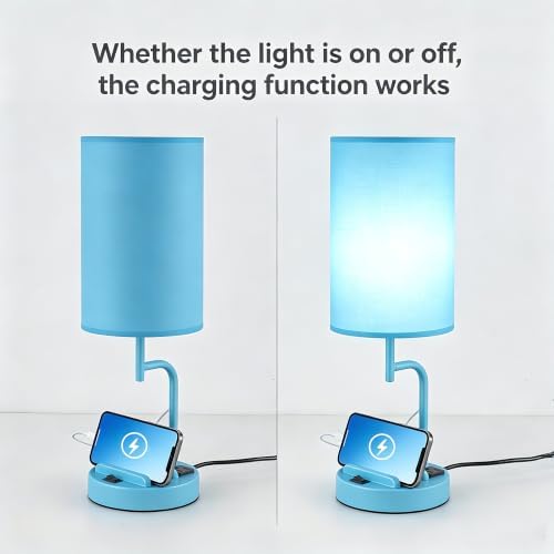 Dreamholder 2 Pack Table Lamp, Bedside Lamp with 3 USB Charging Ports & AC Outlet, USB Desk Lamp with 2 Phone Holders, Linen Fabric Shade Nightstand Lamps for Bedroom Living Room Office, Lake Blue