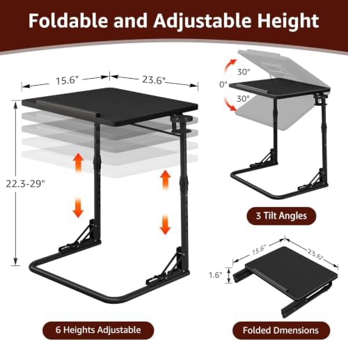 NUTIKAS Folding TV Tray Table - Adjustable Height Sofa Side Table, Wooden Portable Trays for Eating On Couch, Laptop Stand with Cup Holder, C Shaped Foldable Desk