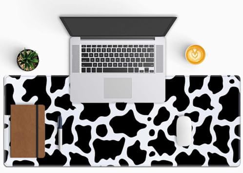Cute Cow Pattern Desk Pad - Large XL 31.5''X 11.8'' Gaming Mousepad - White & Black - On Top of Desks - Laptop Computer Keyboard Mouse Mat