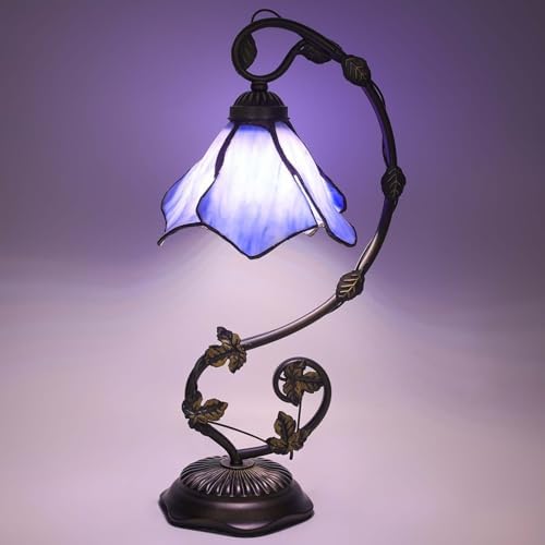 Stained Glass Table Lamp, Blue Flower Style Metal Leaf Base Desk Reading Light, Adjustable 3 Color Temperature Decor for Bedroom Home Office