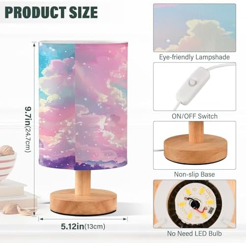 Bedside Lamp Princess Castle Pink Sky Table Lamp for Bedroom LED Nightstand Lamp Shade USB Ports Wood Base for Living Room Dorm Office