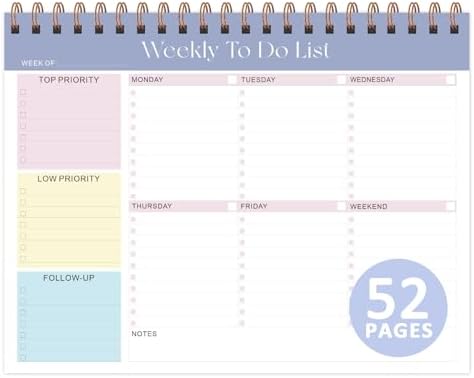 Weekly To Do List Notepad, 52 Sheets, Undated Weekly Planner, Letter Size
