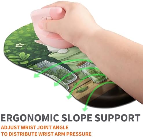 Ergonomic Joint Wrist Support Mouse Pad with Memory Foam Cushion Massage Bump, Carpal Tunnel Pain Relief Mousepad Slope Design for Wrist Rest, 11.8x7.9 in, Cute Kitten