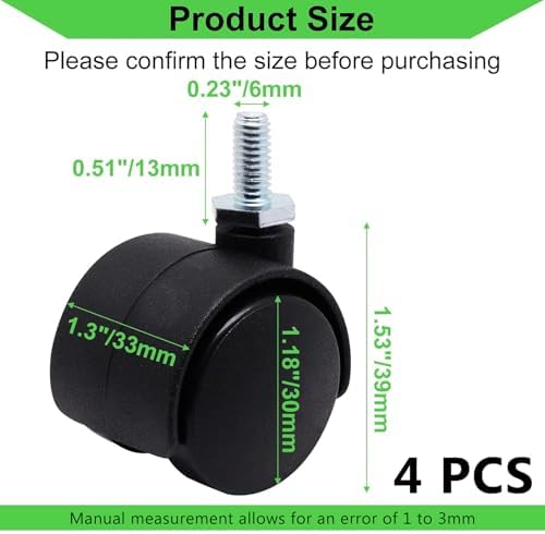 1 Inch Stem Swivel Casters Set of 4, M6 Threaded Stem Swivel Caster Wheels, 360° Rotation Heavy Duty Replacement Castors for Furniture Table Drawer Cabinet Plant Shelf Chair Wheels (Black)