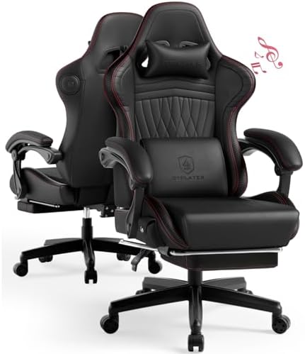 GTPLAYER ACE-PRO Music Gaming Chairs – Built-in Speakers, App Support & Bluetooth Control, Computer Game Chairs with Footrest for Adults, Ergonomic, Reclining, Linkage Armrest, BK‑RD Stitch