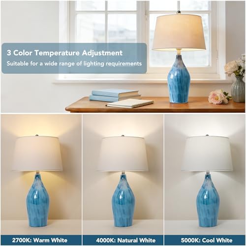 QiMH 28" Ceramic Table Lamp, 3 Color Temperatures Lamp for Bedroom with Memory Function, Nightstand Lamp with Linen Shade, Modern Glaze Bedside Lamp for Living Room, Blue, 2700K LED Bulb Included