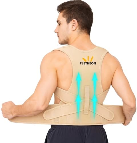 Posture Corrector for Men & Women by Plethon – Adjustable Back Brace, Clavicle Support & Upper Back Straightener for Better Sitting and Standing Posture, Fits 30–46 Inch Waist (Beige)