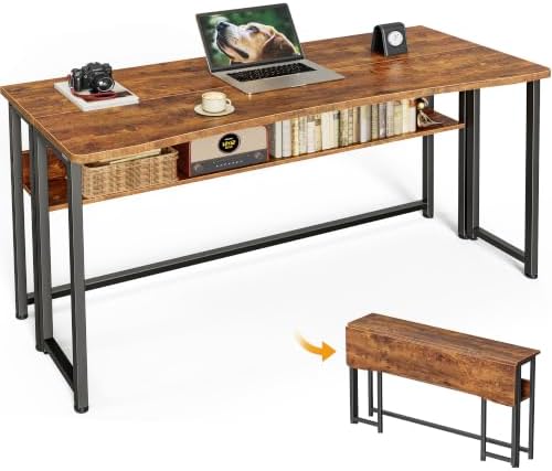 Huuger Folding Desk with Storage Shelf, 47.2 Inch Foldable Computer Table