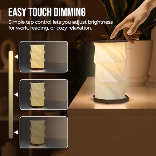 Origami Expanding Foldable LED Desk Lamp – USB Rechargeable & Portable - Dimmable Touch Control Light with Adjustable Height up to 8.25" for Office, Travel, Bedside & Modern Design (Wood Grain)