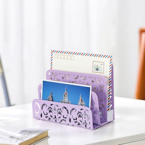 EasyPAG Mail Organizer Countertop 2pc Desk Mail Sorter for Envelope 3-Slot Vertical Letter Holder for Office, Home, School, Purple