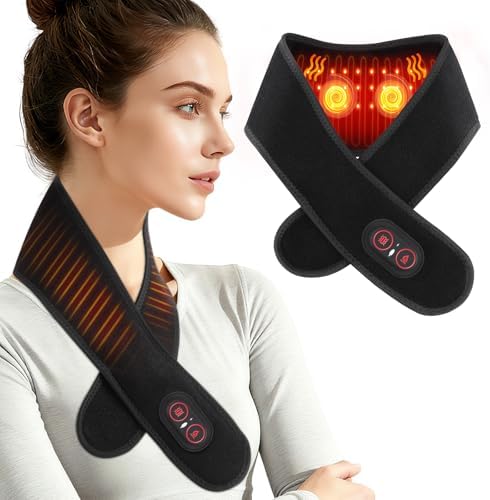 Neck Heating Pad, Cordless Neck Heating Pad for Pain Relief, Electric Heated Neck Wrap with 660nm & 850nm Red Light, 3000mAh Battery, 3 Levels Heat & Massage