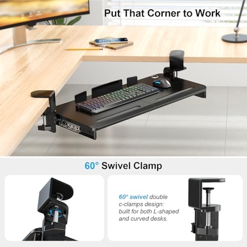 Supcline Keyboard Tray Under Desk with 60° Swivel Clamp & Height Adjustment