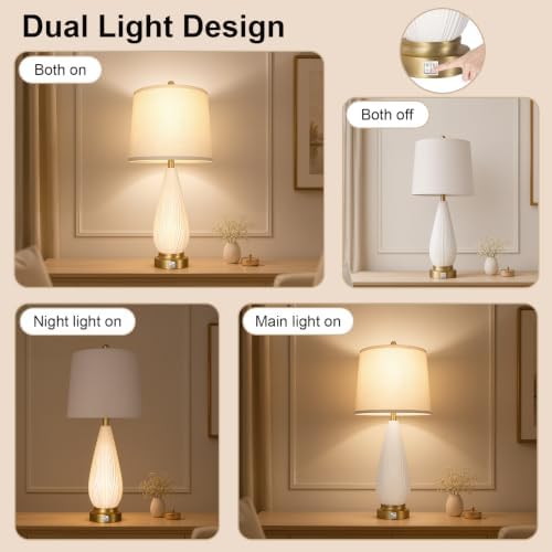 27.5" Translucent Ceramic Table Lamps Set of 2 with Night Light for Bedroom