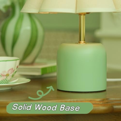 Green Bedside Table Lamp, Bud Cotton Linen Shade Solid Wood Base Bedroom Decor Light(Without Buld)