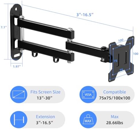 suptek TV Wall Mount Bracket Monitor arm TV Wall Mount Bracket Display arm Monitor Mount for 13-30" Adjustable up/Down, Left/Right Angle, 28.66lbs Load Capacity VESA75-100mm MA2776