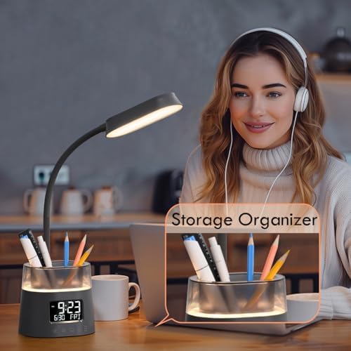 Led Desk Lamp with Pen Holder, Touch Lamps for Nightstand Eye-Caring Bedside Reading Light with Clock, Office Lamps Stepless Dimming, Lamp for Dorm Room, Suitable for Kid/Girl/Boy (Gray)