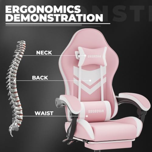 Gaming Chair with Footrest & Massage Lumbar Support, PU Leather Ergonomic High Back Swivel Height Adjustable Chair for Adults, Office Gaming, 300 lbs (Pink White)